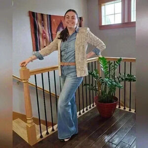 Tan Collar-less Jacket w/ Sparkley Silver & White Abstract Design, Size Medium